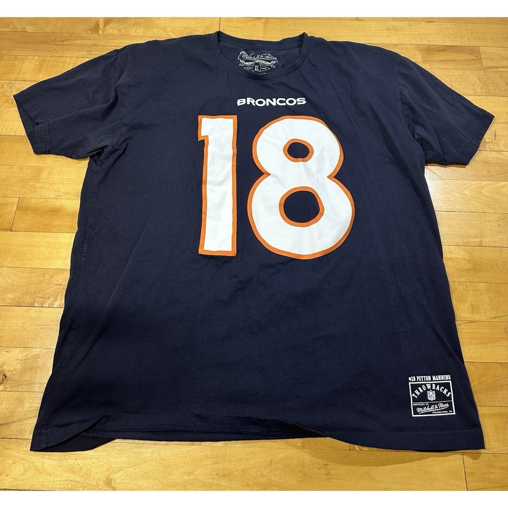 Mitchell & Ness Denver Broncos Peyton Manning 18 Navy Blue T-Shirt Mens XL NFL - Picture 1 of 4